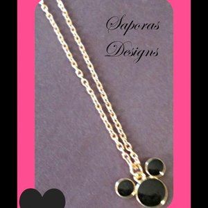 Gold Tone & Black Mickey Mouse Theme Necklace For Girls